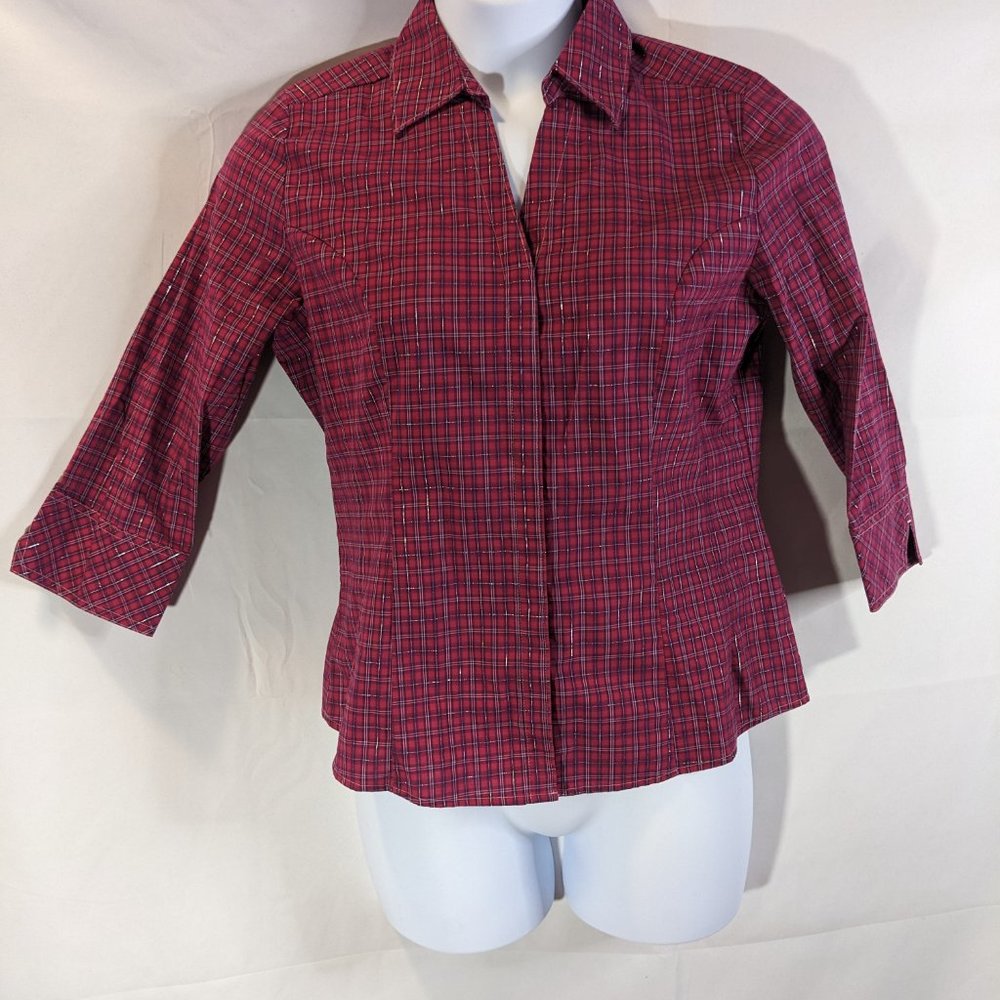 3/$30 - Pink Purple & Silver Plaid Women's Blouse - Riders by Lee - Medium